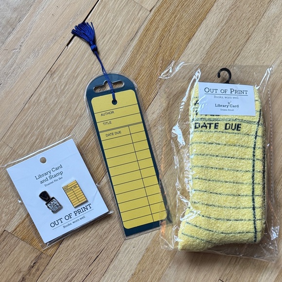 NWT bundle of 3- Out of Print -Yellow Library Card Socks, Enamel Pins & Bookmark - Picture 1 of 9